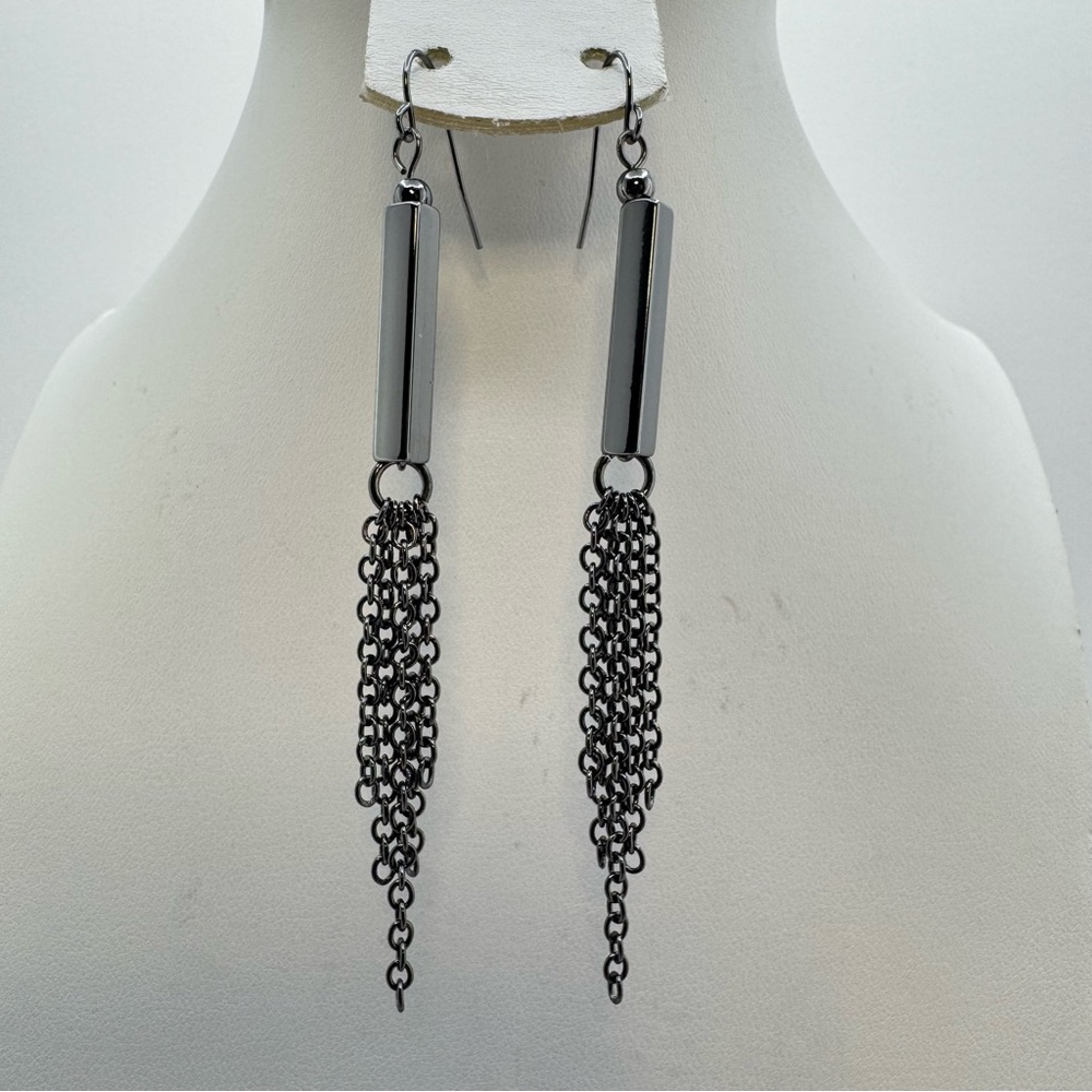 Black Gunmetal Chain Fringe Dangle Earrings Long Bar Statement